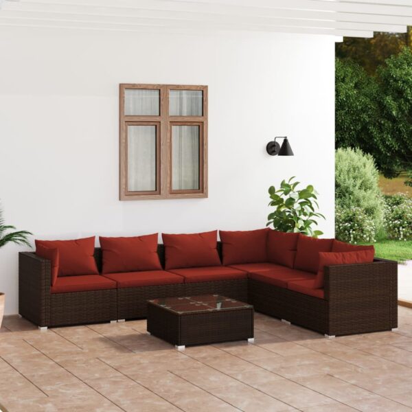 vidaXL 7 Piece Patio Lounge Set with Cushions Poly Rattan Brown