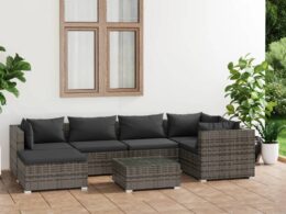vidaXL 7 Piece Patio Lounge Set with Cushions Poly Rattan Gray