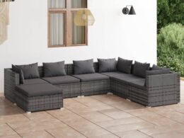 vidaXL 7 Piece Patio Lounge Set with Cushions Poly Rattan Gray