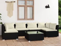 vidaXL 7 Piece Patio Lounge Set with Cushions Poly Rattan Black