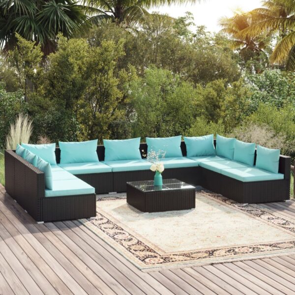 vidaXL 10 Piece Patio Lounge Set with Cushions Poly Rattan Black