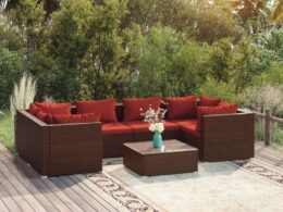 vidaXL 7 Piece Patio Lounge Set with Cushions Poly Rattan Brown