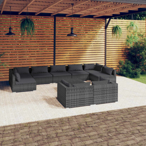 vidaXL 10 Piece Patio Lounge Set with Cushions Gray Poly Rattan