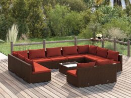 vidaXL 12 Piece Patio Lounge Set with Cushions Brown Poly Rattan