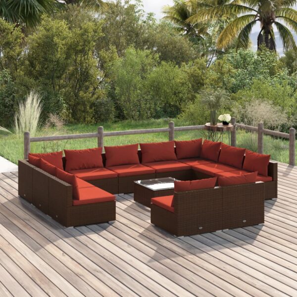 vidaXL 12 Piece Patio Lounge Set with Cushions Brown Poly Rattan