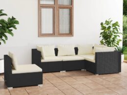 vidaXL 5 Piece Patio Lounge Set with Cushions Poly Rattan Black