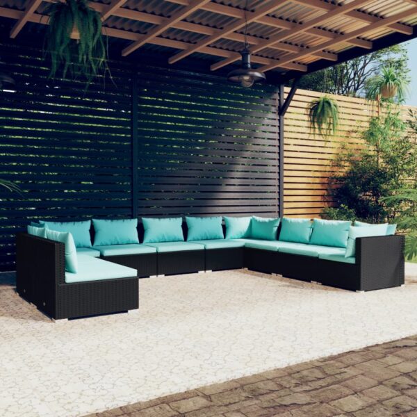 vidaXL 10 Piece Patio Lounge Set with Cushions Black Poly Rattan