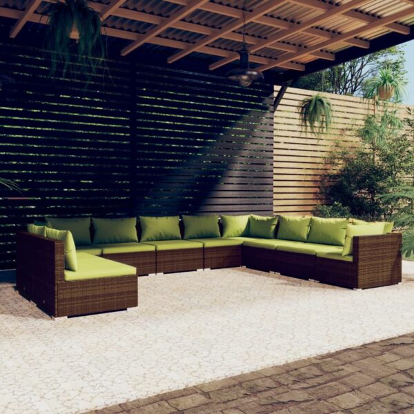 vidaXL 10 Piece Patio Lounge Set with Cushions Brown Poly Rattan