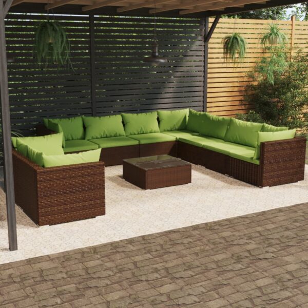 vidaXL 10 Piece Patio Lounge Set with Cushions Brown Poly Rattan