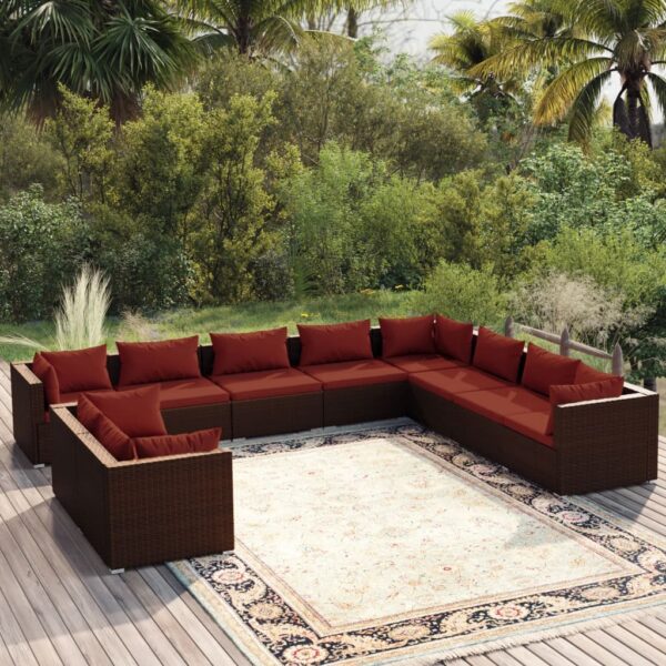 vidaXL 10 Piece Patio Lounge Set with Cushions Brown Poly Rattan