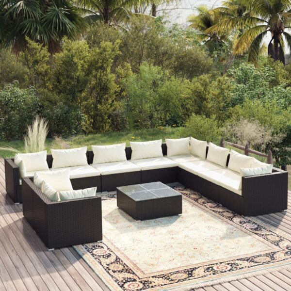 vidaXL 11 Piece Patio Lounge Set with Cushions Black Poly Rattan