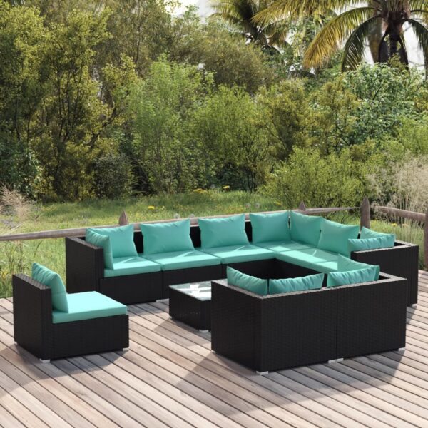 vidaXL 10 Piece Patio Lounge Set with Cushions Poly Rattan Black