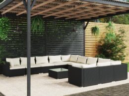 vidaXL 12 Piece Patio Lounge Set with Cushions Poly Rattan Black