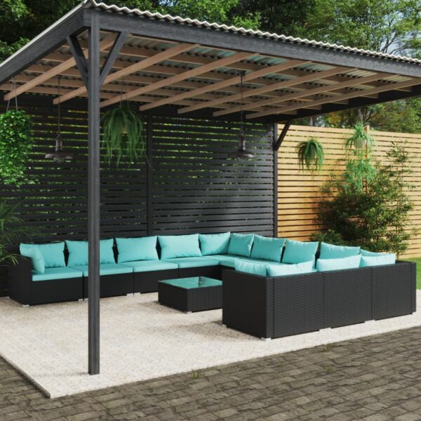 vidaXL 12 Piece Patio Lounge Set with Cushions Poly Rattan Black