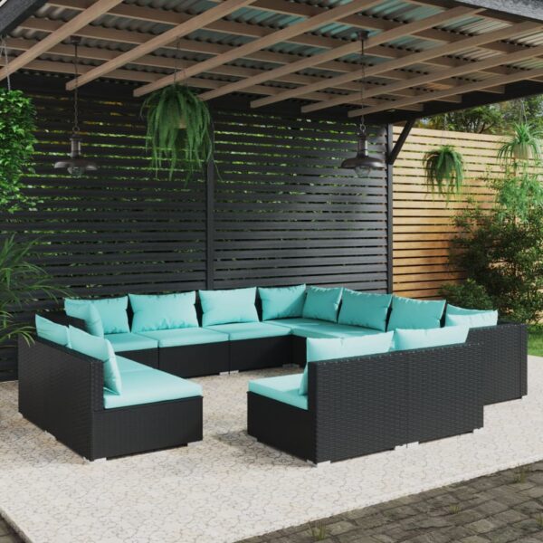 vidaXL 11 Piece Patio Lounge Set with Cushions Black Poly Rattan