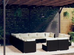 vidaXL 13 Piece Garden Lounge Set with Cushions Black Poly Rattan