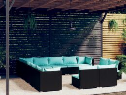 vidaXL 13 Piece Patio Lounge Set with Cushions Black Poly Rattan