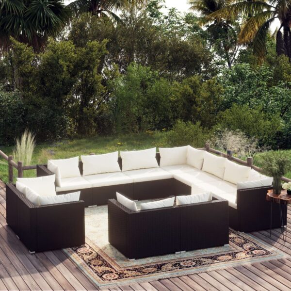 vidaXL 11 Piece Patio Lounge Set with Cushions Black Poly Rattan