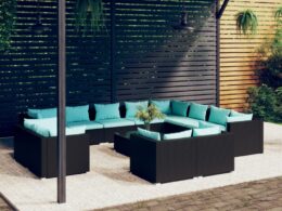 vidaXL 13 Piece Patio Lounge Set with Cushions Black Poly Rattan