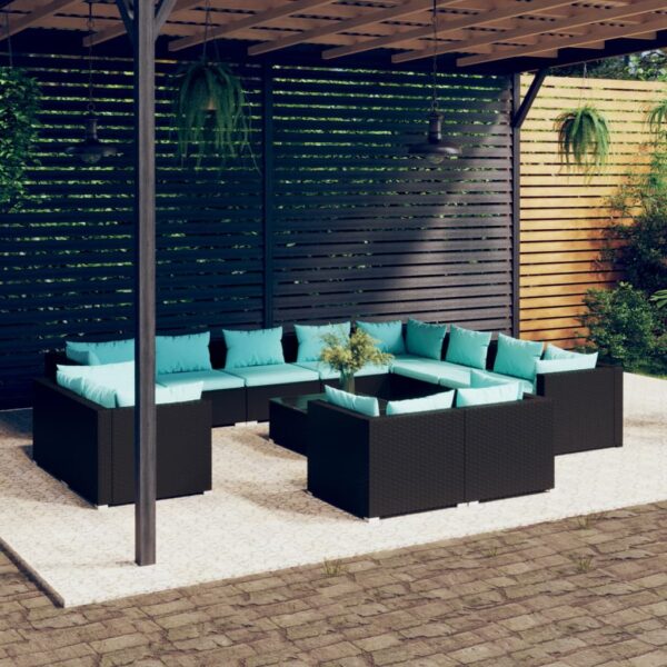 vidaXL 13 Piece Patio Lounge Set with Cushions Black Poly Rattan