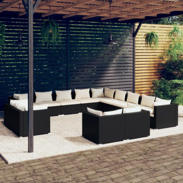 vidaXL 13 Piece Garden Lounge Set with Cushions Black Poly Rattan