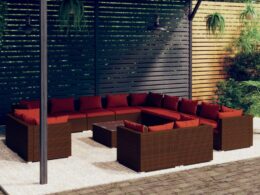 vidaXL 14 Piece Patio Lounge Set with Cushions Brown Poly Rattan