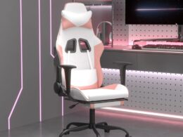 vidaXL Gaming Chair with Footrest White and Pink Faux Leather