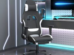 vidaXL Gaming Chair with Footrest Black and White Fabric