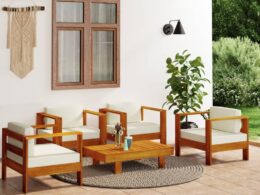 vidaXL 5 Piece Patio Lounge Set with Cream White Cushions Solid Wood