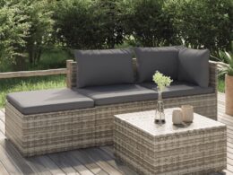 vidaXL 4 Piece Patio Lounge Set with Cushions Gray Poly Rattan