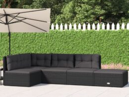 vidaXL 5 Piece Patio Lounge Set with Cushions Black Poly Rattan