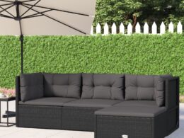 vidaXL 4 Piece Patio Lounge Set with Cushions Black Poly Rattan