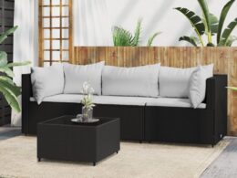 vidaXL 4 Piece Patio Lounge Set with Cushions Black Poly Rattan