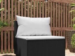 vidaXL Patio Middle Sofa with Cushions Black Poly Rattan