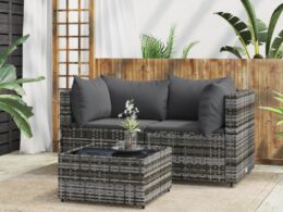 vidaXL 3 Piece Patio Lounge Set with Cushions Gray Poly Rattan
