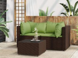 vidaXL 3 Piece Patio Lounge Set with Cushions Brown Poly Rattan