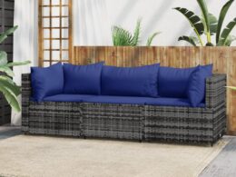 vidaXL 3 Piece Patio Lounge Set with Cushions Gray Poly Rattan