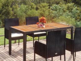 vidaXL Patio Table with Wooden Top Black 59.1"x35.4"x29.5" Poly Rattan