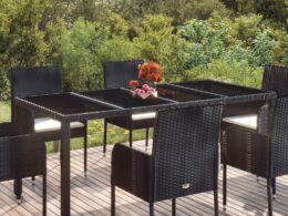 vidaXL Patio Table with Glass Top Black 74.8"x35.4"x29.5" Poly Rattan