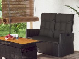 vidaXL Reclining Patio Bench with Cushions Black 46.5" Poly rattan