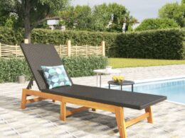 vidaXL Sun Lounger Black and Brown Poly Rattan and Solid Wood Acacia