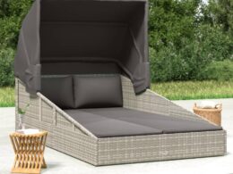 vidaXL Sunbed with Foldable Roof Gray 78.7"x44.9"x50.4" Poly Rattan