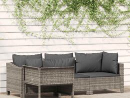 vidaXL 4 Piece Patio Lounge Set with Cushions Gray Poly Rattan
