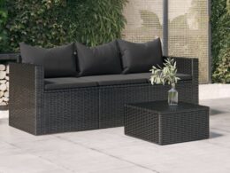 vidaXL 3-Seater Patio Sofa with Cushions Black Poly Rattan