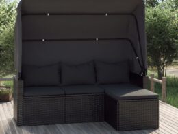 vidaXL 3-Seater Patio Sofa with Roof and Footstool Black Poly Rattan
