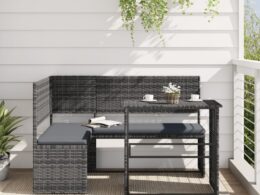 vidaXL Patio Sofa with Table and Cushions L-Shaped Gray Poly Rattan