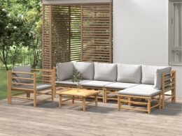 vidaXL 7 Piece Patio Lounge Set with Light Gray Cushions Bamboo