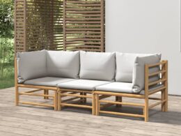 vidaXL 3 Piece Patio Lounge Set with Light Gray Cushions Bamboo