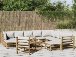 vidaXL 12 Piece Patio Lounge Set with Light Gray Cushions Bamboo