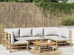 vidaXL 7 Piece Patio Lounge Set with Light Gray Cushions Bamboo